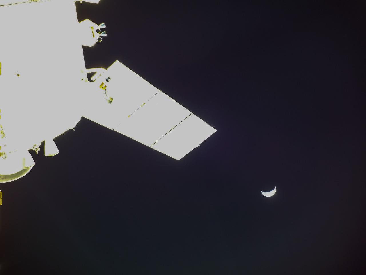 art001e001939 (Dec. 2, 2022) A camera mounted on one of Orion’s four solar arrays captured this image of the Moon on flight day 17 of the 25.5-day Artemis I mission from a distance of more than 222,000 miles. Orion has exited the distant lunar orbit and is heading for a Dec. 11 splashdown in the Pacific Ocean.